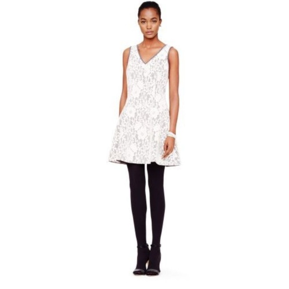 Club Monaco Ashby Lace Overlay Dress Size 8 Wool White Gray Fit and Flare V Neck - Picture 2 of 15